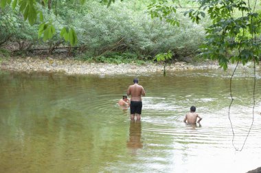 Tropikal ormanda nehirde yüzen insanlar