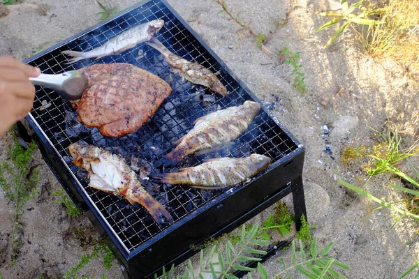 Angeln Und Grillen Auf Grill — Stockfoto