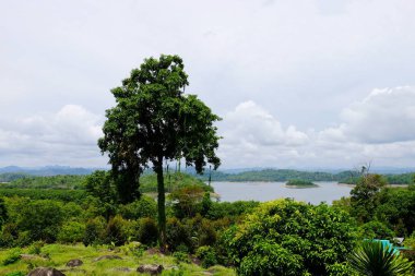 Dağlar, gökyüzü, yeşil ormanlar arasında akarsu manzarası. Mavi gökyüzü ve parlak gün içinde güzel bulutlar.