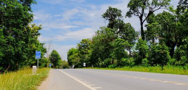 Dağ yolundan ağaçları ile. Manzaralı yoldan yeşil ağaçlar ve gökyüzü vardır. Tayland seyahat.