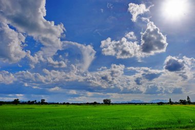 Dağlar, gökyüzü, yeşil alanları ve akış görünümü parlak güneşli günlerde. Mavi gökyüzü ve parlak gün içinde güzel bulutlar.