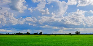 Dağlar, gökyüzü, yeşil alanları ve akış görünümü parlak güneşli günlerde. Mavi gökyüzü ve parlak gün içinde güzel bulutlar.