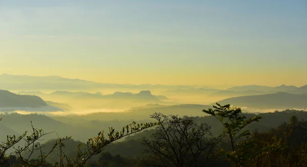 Вид Небо Туман Вид Горы Утром Посмел Глядя Вверх Торфяника — стоковое фото