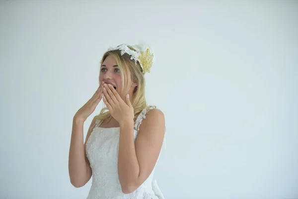 Beautiful Happy Bride White Dress Posing Studio — Stock Photo, Image