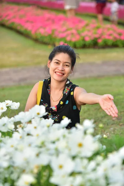 Portrait Young Asian Woman Posing Floral Park Colorful Flowers Daytime Royalty Free Stock Photos