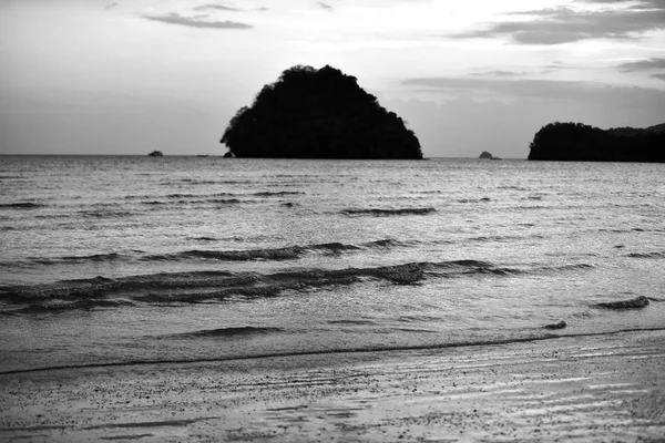 Silueta Turistů Písečné Pláži Světlo Západu Slunce Před Setměním — Stock fotografie