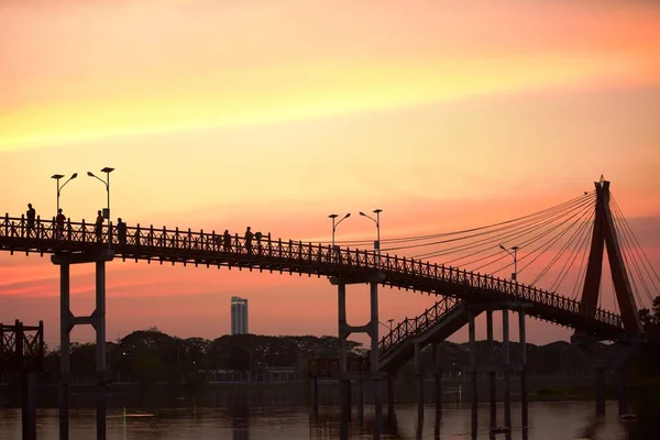 Coucher Soleil Silhouette Pont Sur Nature — Photo