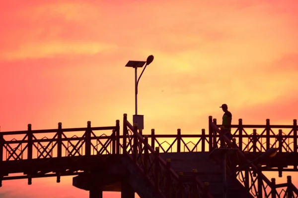 Sonnenuntergang Und Brückensilhouette Über Der Natur — Stockfoto