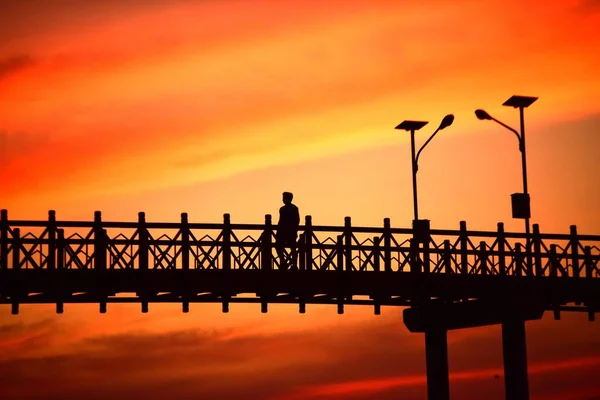 Coucher Soleil Silhouette Pont Sur Nature — Photo