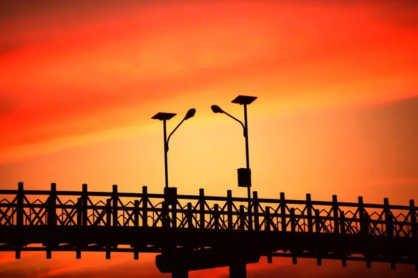 Coucher Soleil Silhouette Pont Sur Nature — Photo