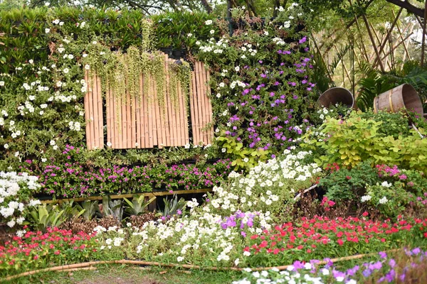 色とりどりの花や自然の中の緑の葉 自然の中の色とりどりの花 フォーマル ガーデンのガーデン開花の花 美しい庭園 — ストック写真