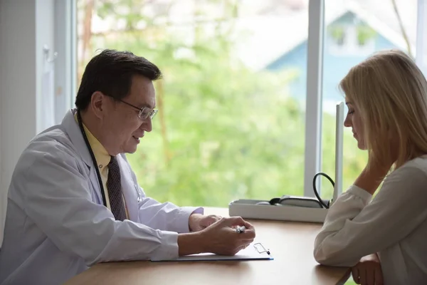 Beautiful girl consulted the doctor,Woman talking to doctor psychiatrist in hospital,Discuss issue and find solutions to mental health problems.