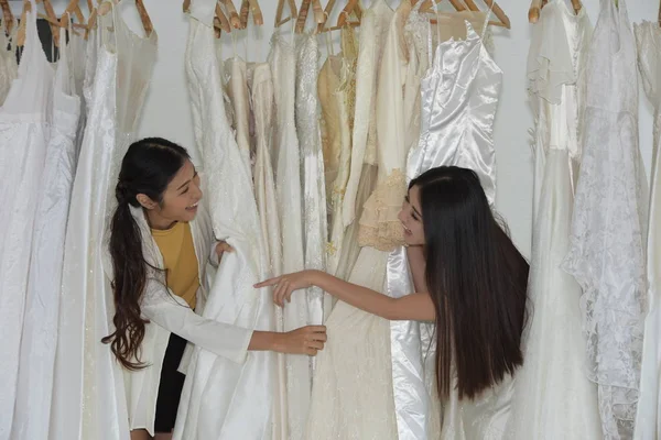 Seamstress Wedding Consultant Bride Trying Wedding Dress Make Selfie Studio — Stock Photo, Image