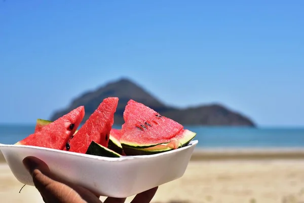 Pessoa Segurando Placa Com Pedaços Melancia Praia Mar — Fotografia de Stock