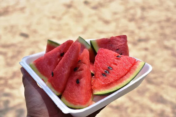 Person Holding Plate Watermelon Pieces Sea Beach — Stock Photo, Image
