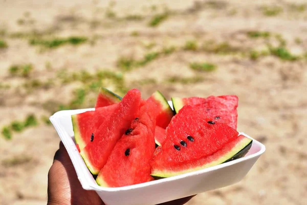Person Hält Teller Mit Wassermelonenstücken Strand — Stockfoto