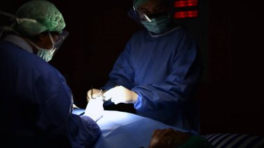 Cerrahlar ameliyathanede, tıbbi ekip ve ekipmanlar hastanede. 