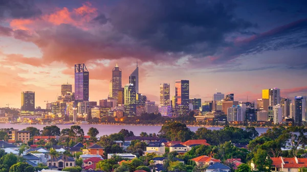 Perth Panoramische Luftaufnahme Der Perth Skyline Australien Bei Dramatischem Sonnenuntergang — Stockfoto