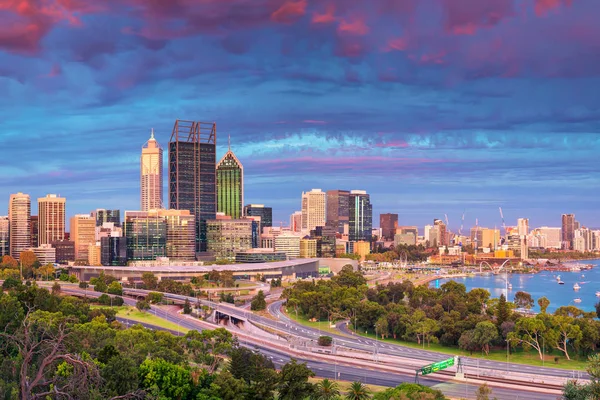 Perth Városképet Gazdagító Épületnek Szánták Képe Skyline Perth Ausztrália Naplemente — Stock Fotó