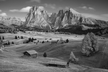 Seiser Alm, Dolomitler. Seiser Alm 'in siyah beyaz manzarası bir Dolomite yaylası ve Avrupa' nın en büyük yüksek irtifa dağlık çayırı..