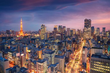 Tokyo, Japonya. Gün batımında Tokyo, Japonya 'nın havadan çekilmiş görüntüsü.