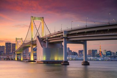 Tokyo mu? Gün batımında Tokyo, Japonya ve Gökkuşağı Köprüsü 'nün şehir manzarası.