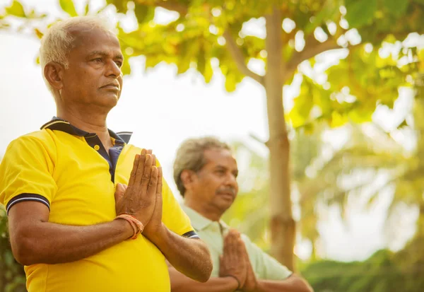 Вибірковий фокус на руках літніх чоловіків, які практикують просту йогу - фітнес, спорт, йогу та концепцію здорового способу життя - Двоє літніх чоловіків з намірною поставою на відкритому повітрі парку . — стокове фото