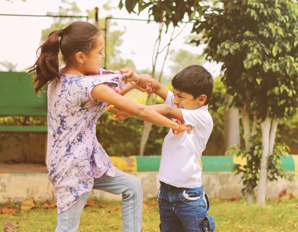 Two little siblings fighting with each other at park - Kids hitting and pulling dress due to conflict at school. — Stock Photo, Image