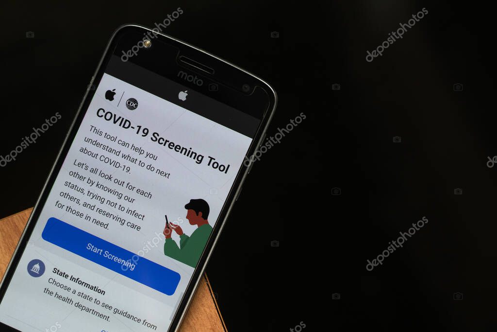 Maski, India - April 17, 2020 : COVID-19 Sceening Tool website developed by Apple Inc. and the CDC for the novel coronavirus self assessment