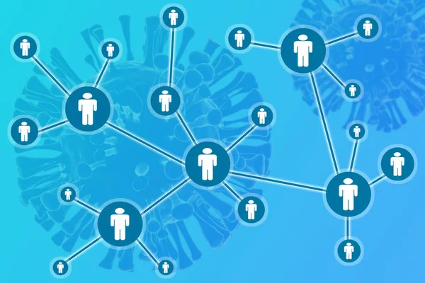 Concept of coronavirus or covid-19 contract tracing showing with network of connected illustrative humans with 3d rendered virus as background. — Stock Photo, Image