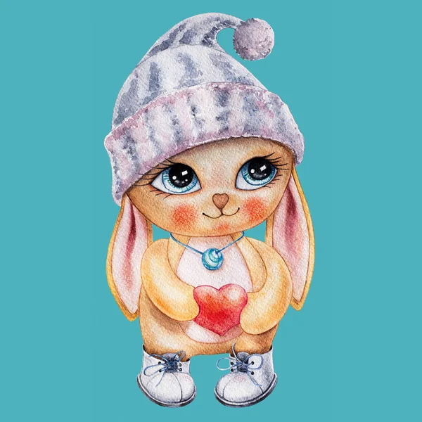 En tecknad kanin i en stickad hatt med stora ögon står och håller ett hjärta i sina händer. Påskhare i klänningar — Stockfoto