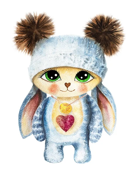 Un lapin dessin animé dans un chapeau tricoté avec de grands yeux se tient. Lapin de Pâques en chapeau — Photo