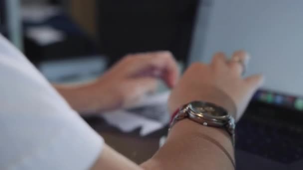 Attractive Woman Working Her Computer Couch Slow Motion Girl Sits — Stock Video