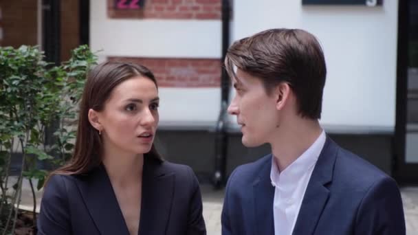 Young Couple Sit Bench Communicate — Stock Video