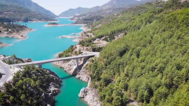 Brug Bergrivier Met Groene Bomen Stenen Aan Oever Luchtfoto Uitzicht — Stockvideo