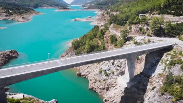 Drone Volando Campo Montaña Con Árboles Verdes Río Puente Vista — Vídeo de stock