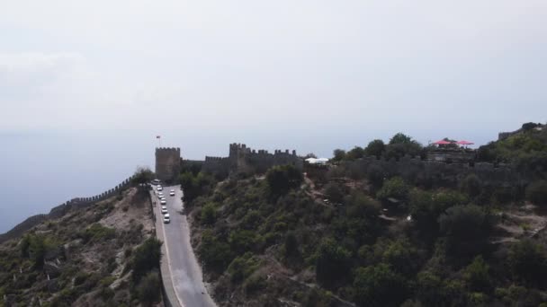 Bandera Turca Sobre Antiguo Castillo Alanya Kalesi Antigua Fortaleza Alanya — Vídeo de stock