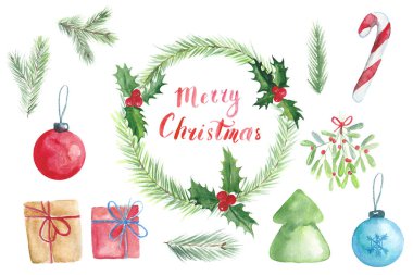 Beyaz bir arka plan üzerine suluboya boyalı Noel çelenk, çam dalları, yazı (Merry Christmas), tatil dekorasyon, ökse otu şube, hediye kutusu, yeni yıl ağacı ile Set 