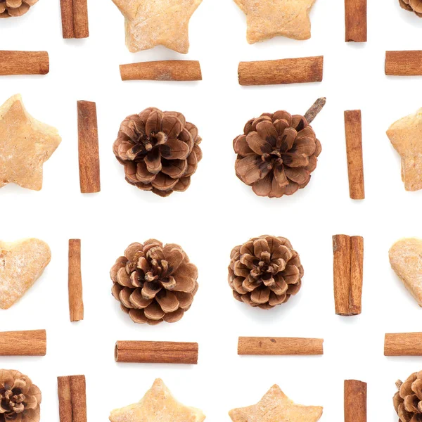 Cono de pino, canela, galletas patrón conjunto colección navidad Imagen de stock