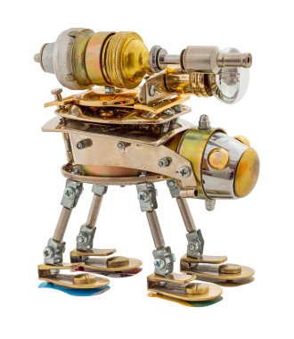 Steampunk robotu. Krom ve bronz parçalar. Beyazda izole edilmiş.