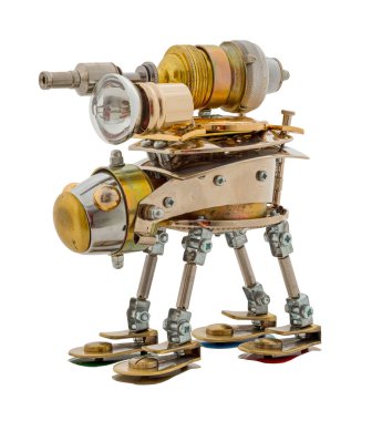 Steampunk robotu. Krom ve bronz parçalar. Beyazda izole edilmiş.