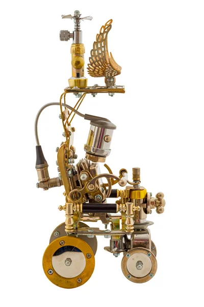 Steampunkroboten Fordonet Krom Och Bronsdelar Isolerad Vitt — Stockfoto