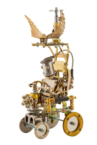 Robot Steampunk Sul Veicolo Parti Cromo Bronzo Isolato Bianco — Foto Stock