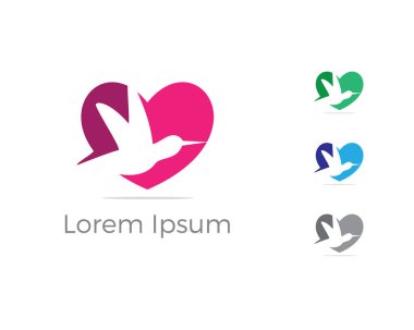 Kuş logo vektör tasarımı, kuşlar sevgilisi simgesi, pigeon kuş türü kalp vektör çizim.