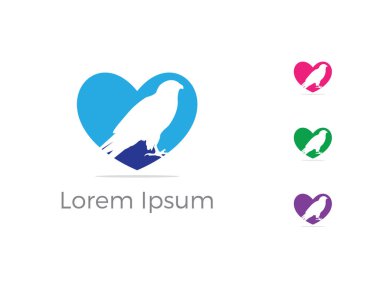 Kuş logo vektör tasarımı, kuşlar sevgilisi simgesi, pigeon kuş türü kalp vektör çizim.