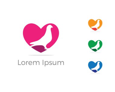 Kuş logo vektör tasarımı, kuşlar sevgilisi simgesi, pigeon kuş türü kalp vektör çizim.