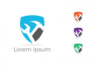 Kalkan onarım logo tasarımı, mekanik araçlar kalkan vektör simgesi. Araba tamir Servisi, İngiliz anahtarı, tesisatçı vektör çizim.