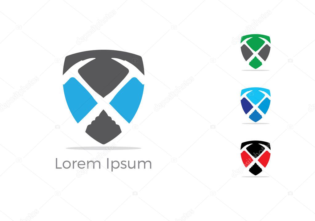 Mining logo design, mechanic tools in shield vector icon. Car repair service, wrench, plumber vector illustration.