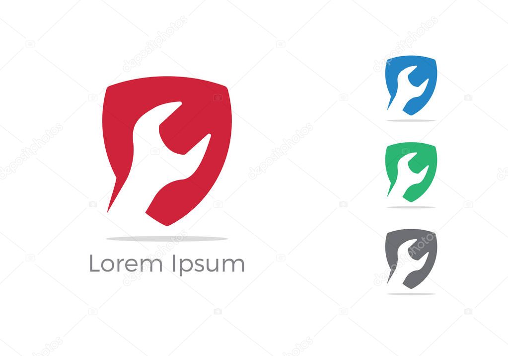 Shield repair logo design, mechanic tools in shield vector icon. Car repair service, wrench, plumber vector illustration.