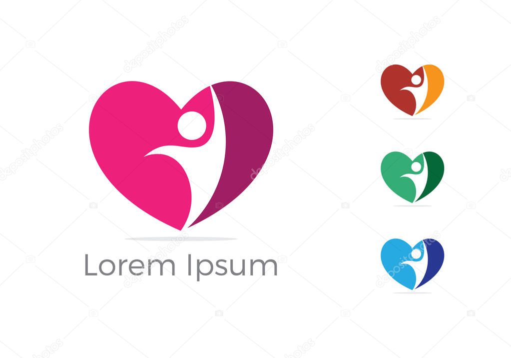 Child care center logo, charity and support vector concept, orphans in heart icon, love and happy life vector illustration.